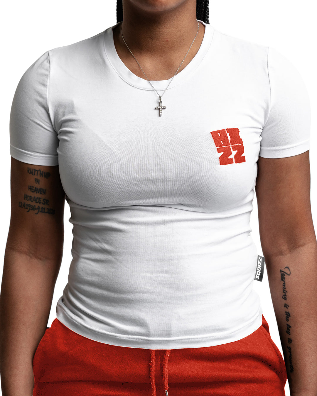 Women Bizz Tee in White/Burnt Orange