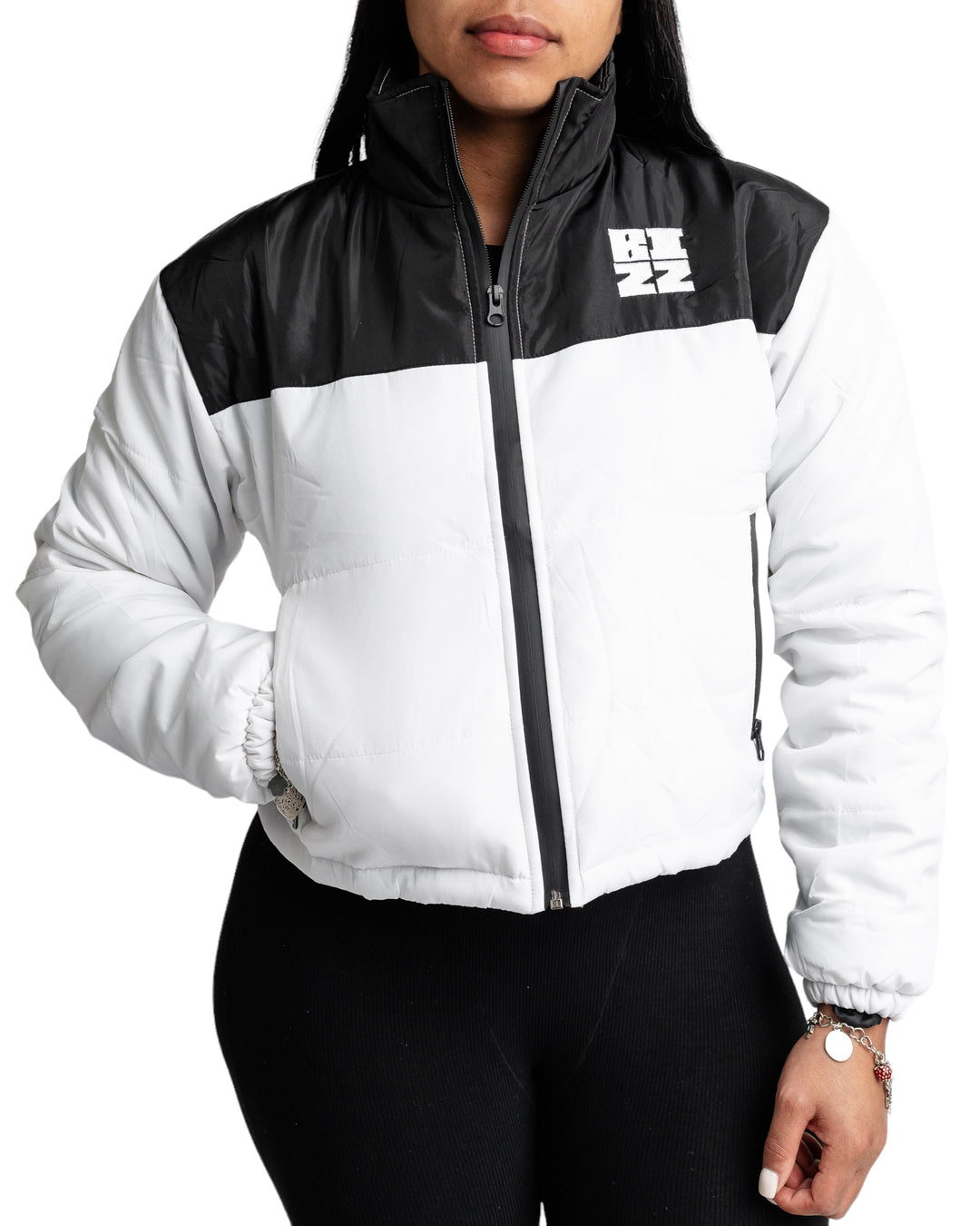 Women Club Puffer Jacket in White/Black