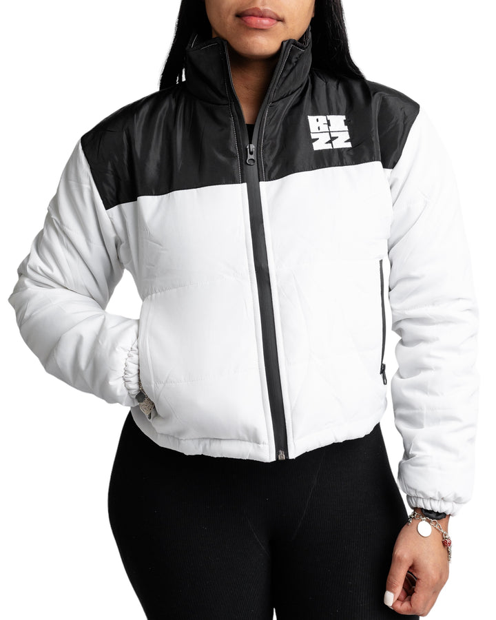 Women Club Puffer Jacket in White/Black