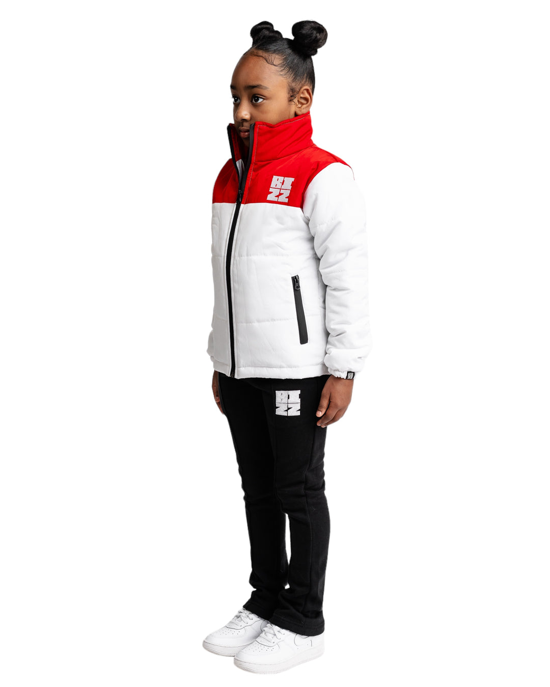 Kid Club Puffer Jacket in White/Red