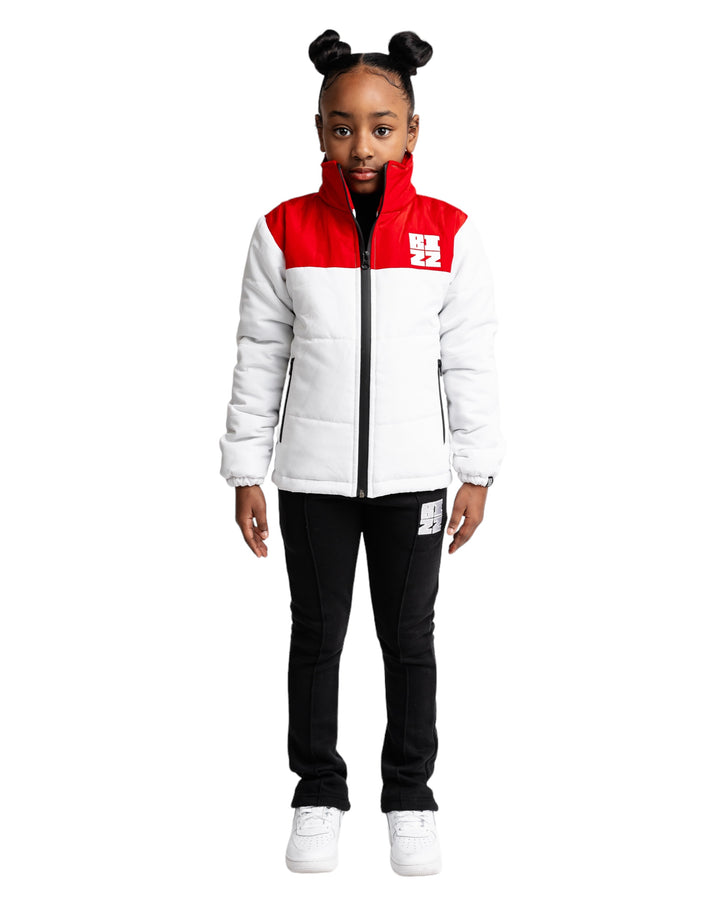 Kid Club Puffer Jacket in White/Red