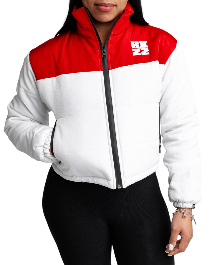 Women Club Puffer Jacket in White/Red