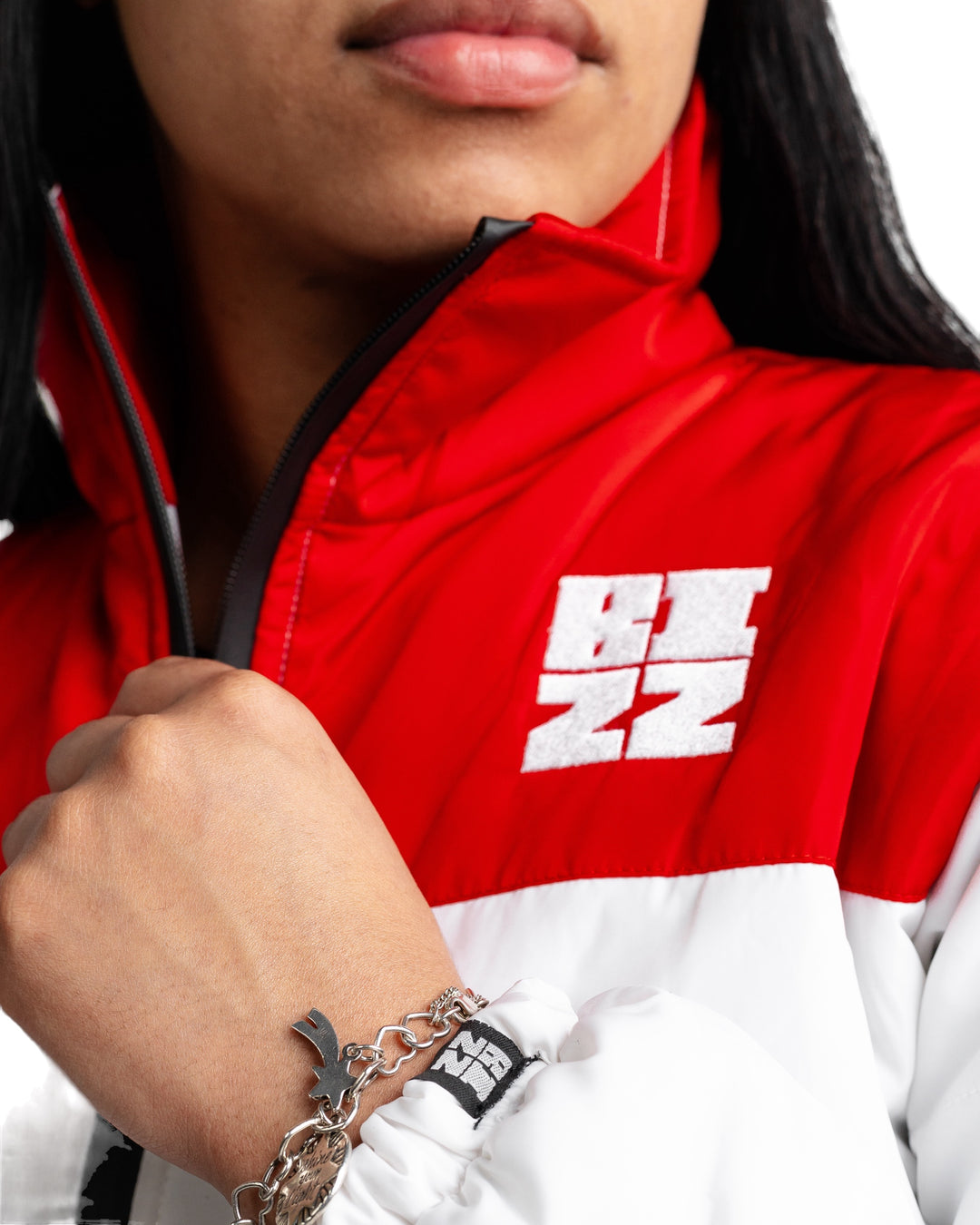 Women Club Puffer Jacket in White/Red