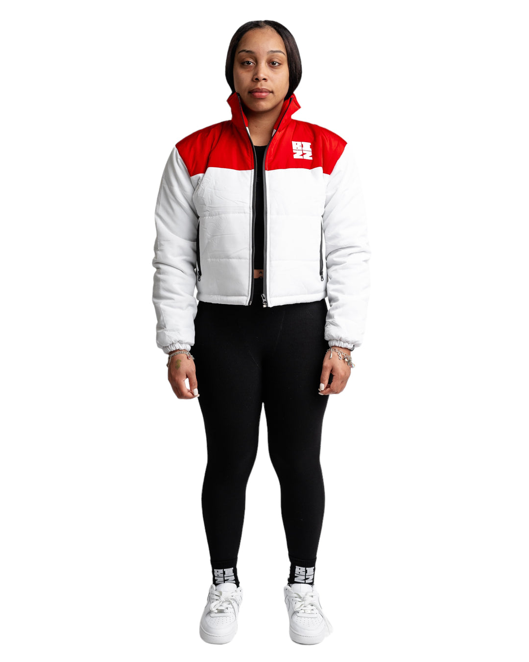 Women Club Puffer Jacket in White/Red