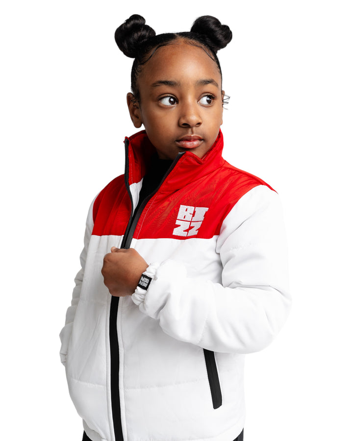 Kid Club Puffer Jacket in White/Red
