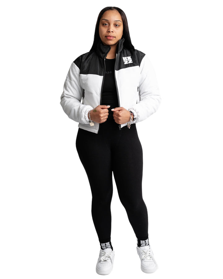 Women Club Puffer Jacket in White/Black