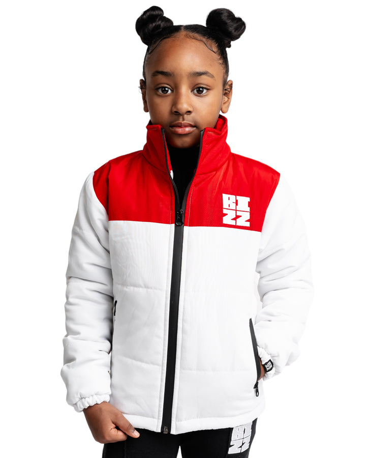 Kid Club Puffer Jacket in White/Red