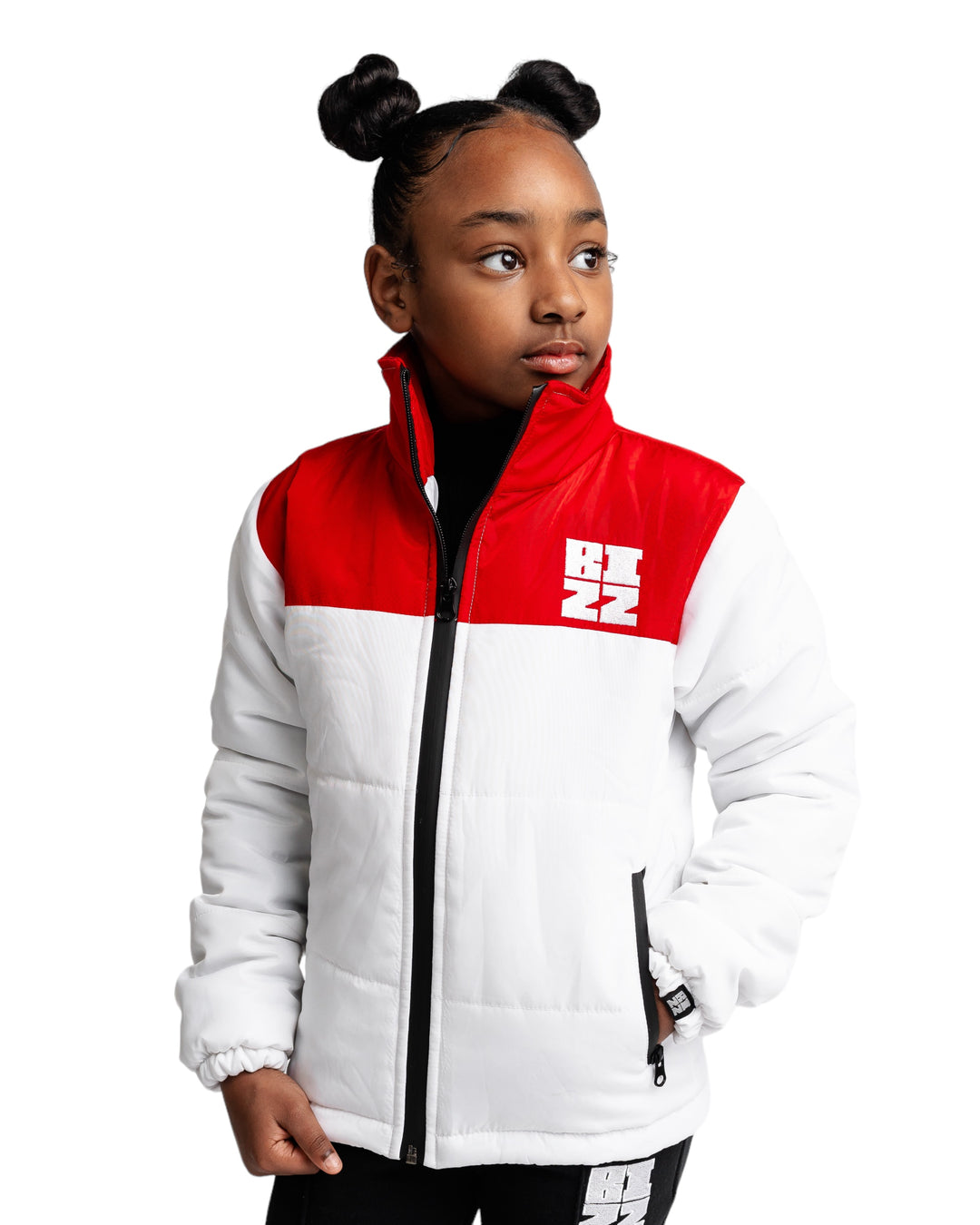 Kid Club Puffer Jacket in White/Red