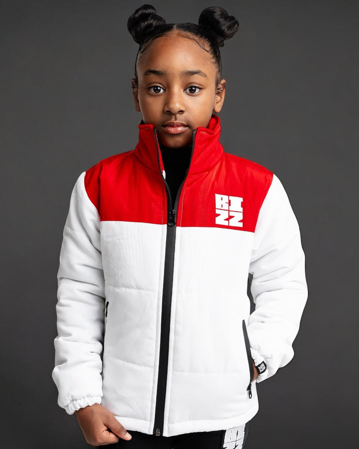 Kid Club Puffer Jacket in White/Red